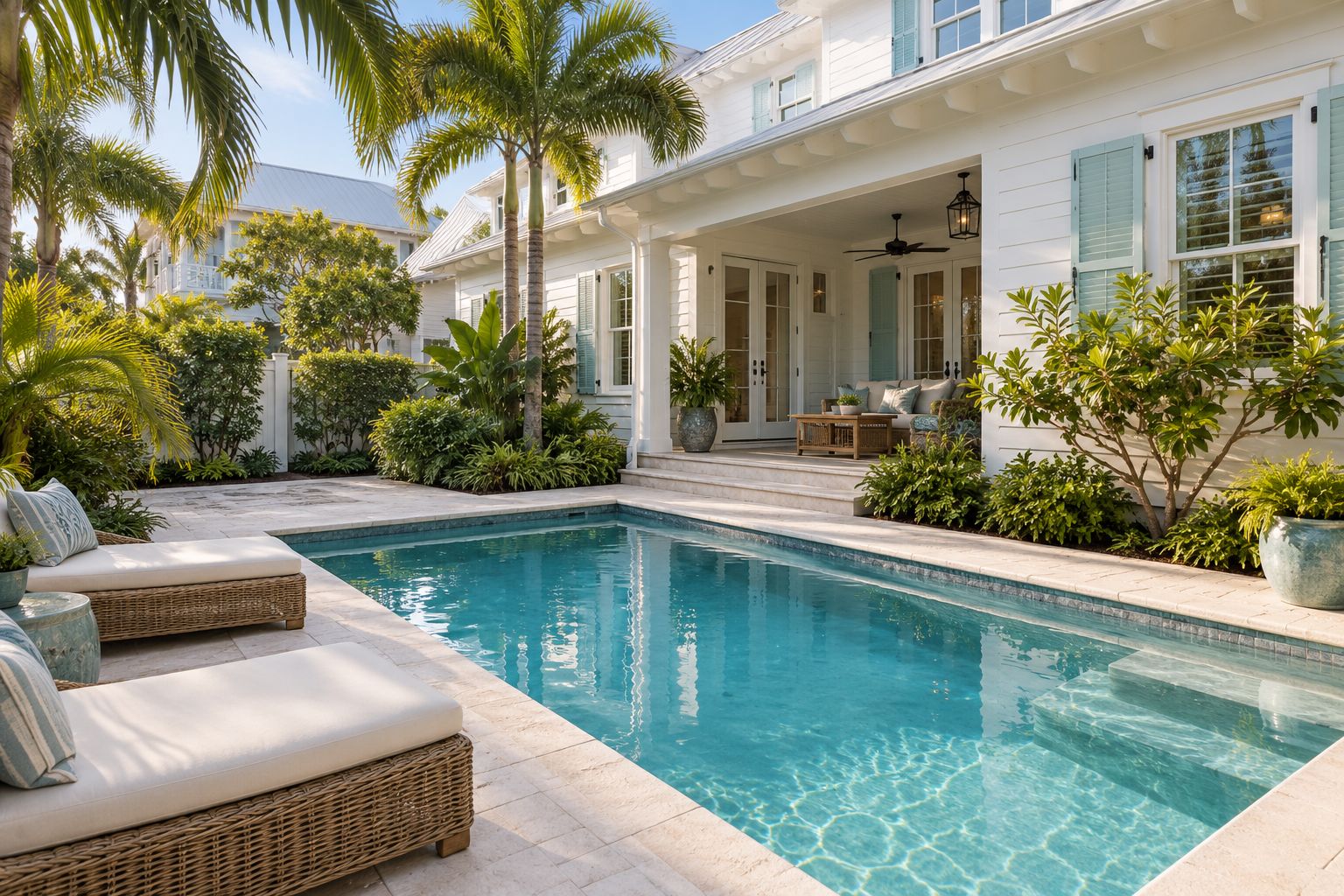 Small rectangular pool with light travertine decking beside a white cottage-style home (AI-generated concept image)