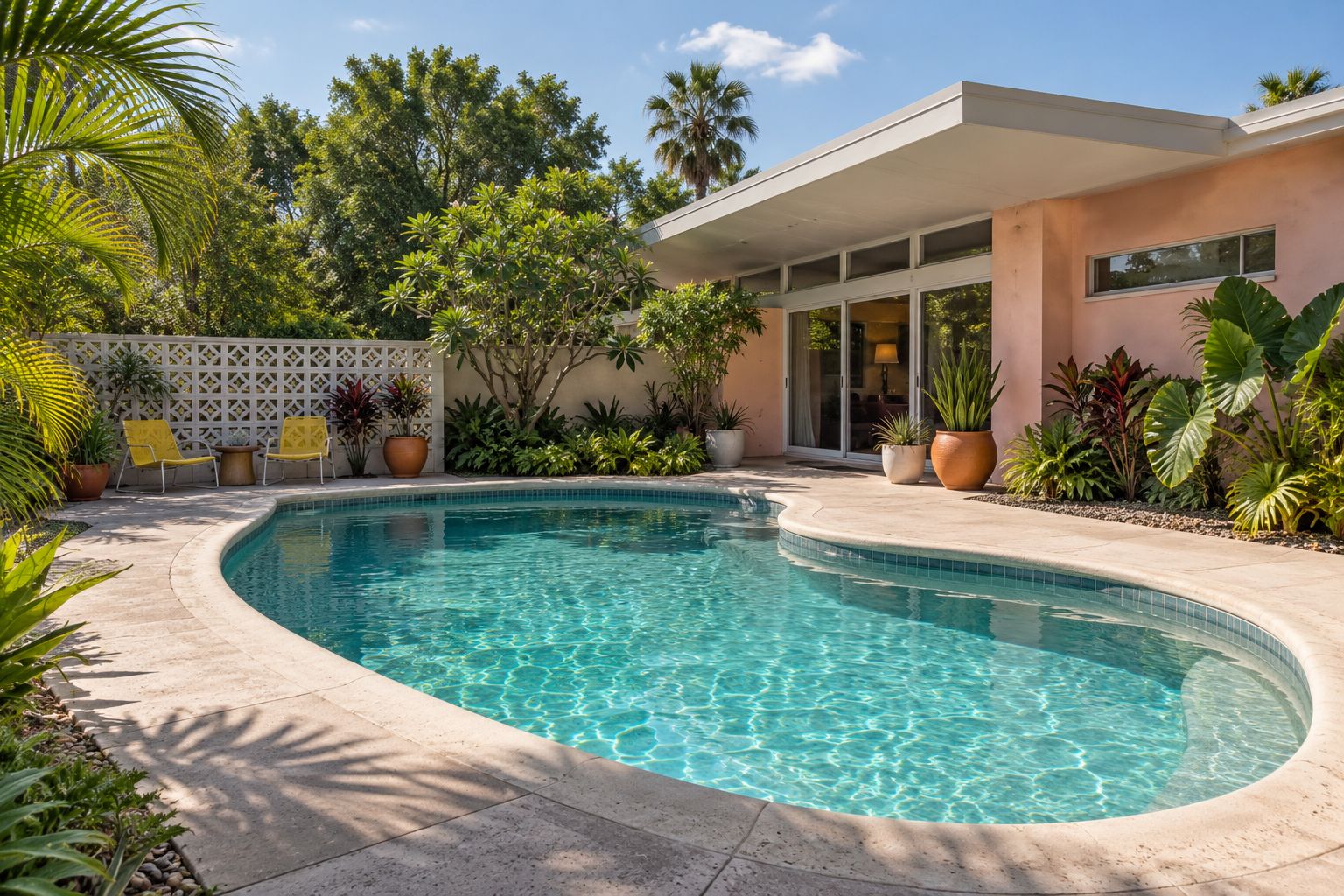 Kidney-shaped pool with a waterline tile band and stone deck beside a midcentury home (AI-generated concept image)