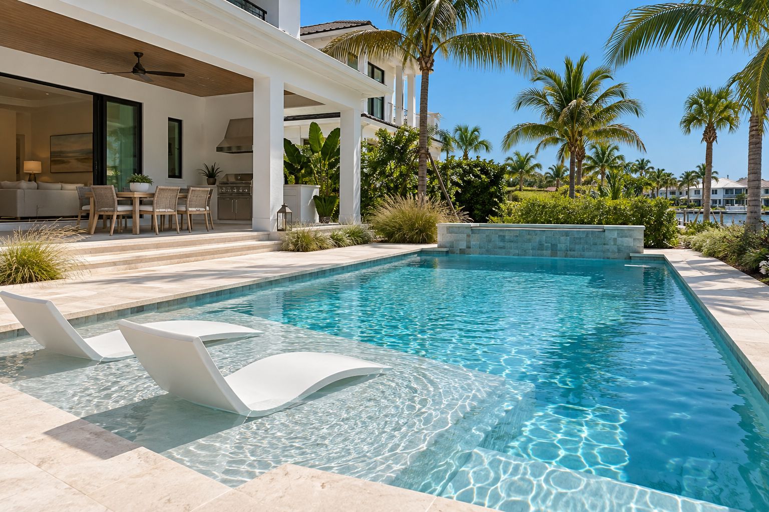 Pool with a sun shelf next to a covered patio with a dining table and built-in outdoor kitchen (AI-generated concept image)