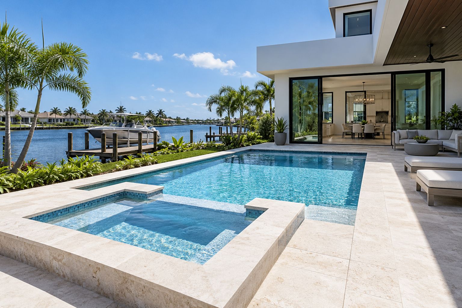 Modern rectangular pool with a raised spa and glass tile on a waterfront lot (AI-generated concept image)